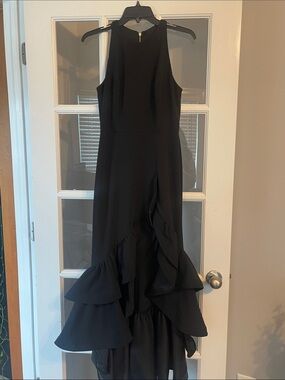 Betsy & Adam Black High-Low Ruffle Hem Evening Dress